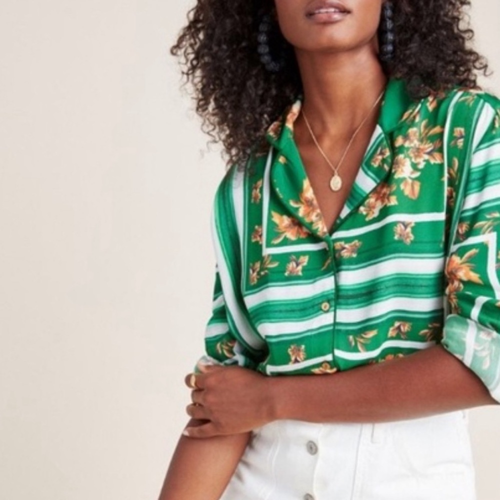 Anthropologie Green Floral Blouse NWT - Picture 2 of 7